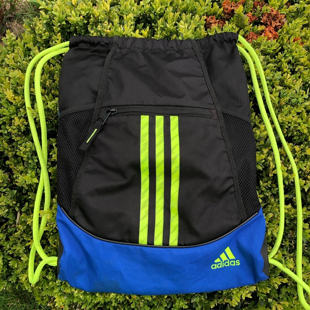 adidas Black & Blue Drawstring Backpack with Lime Green Stripes